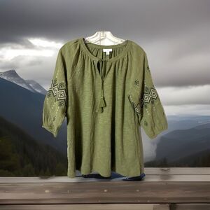 J. Jill Blouse Embroider Geometric Swiss Dot Boho Peasant Green Top Tassle